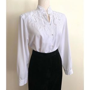 Vintage White Blouse Cottagecore Embroidered Embellished Romantic Kathy Che 80s